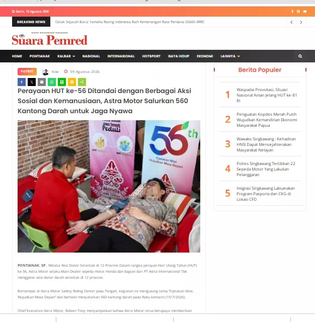 Perayaan HUT ke-56 Ditandai dengan Berbagai Aksi Sosial dan Kemanusiaan, Astra Motor Salurkan 560 Kantong Darah untuk Jaga Nyawa