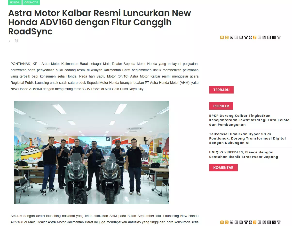 Astra Motor Kalbar Resmi Luncurkan New Honda ADV160 dengan Fitur Canggih RoadSync