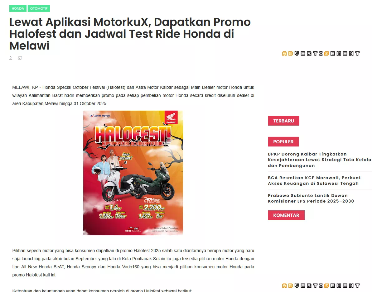 Lewat Aplikasi MotorkuX, Dapatkan Promo Halofest dan Jadwal Test Ride Honda di Melawi
