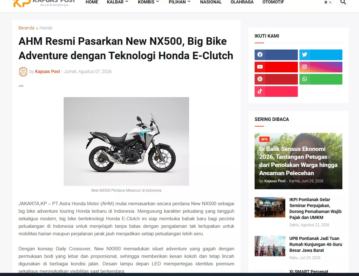 AHM Resmi Pasarkan New NX500, Big Bike Adventure dengan Teknologi Honda E-Clutch