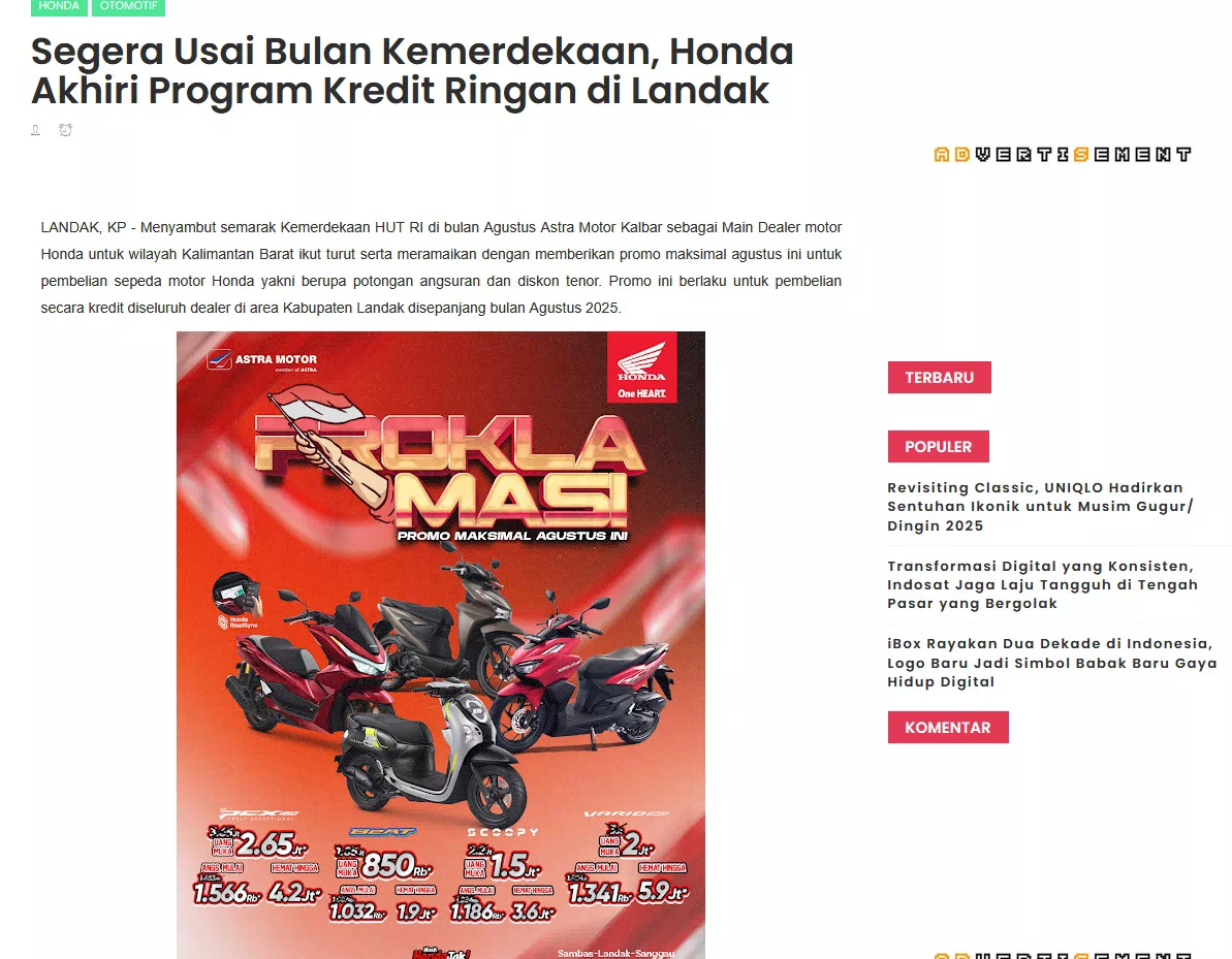 Segera Usai Bulan Kemerdekaan, Honda Akhiri Program Kredit Ringan di Landak