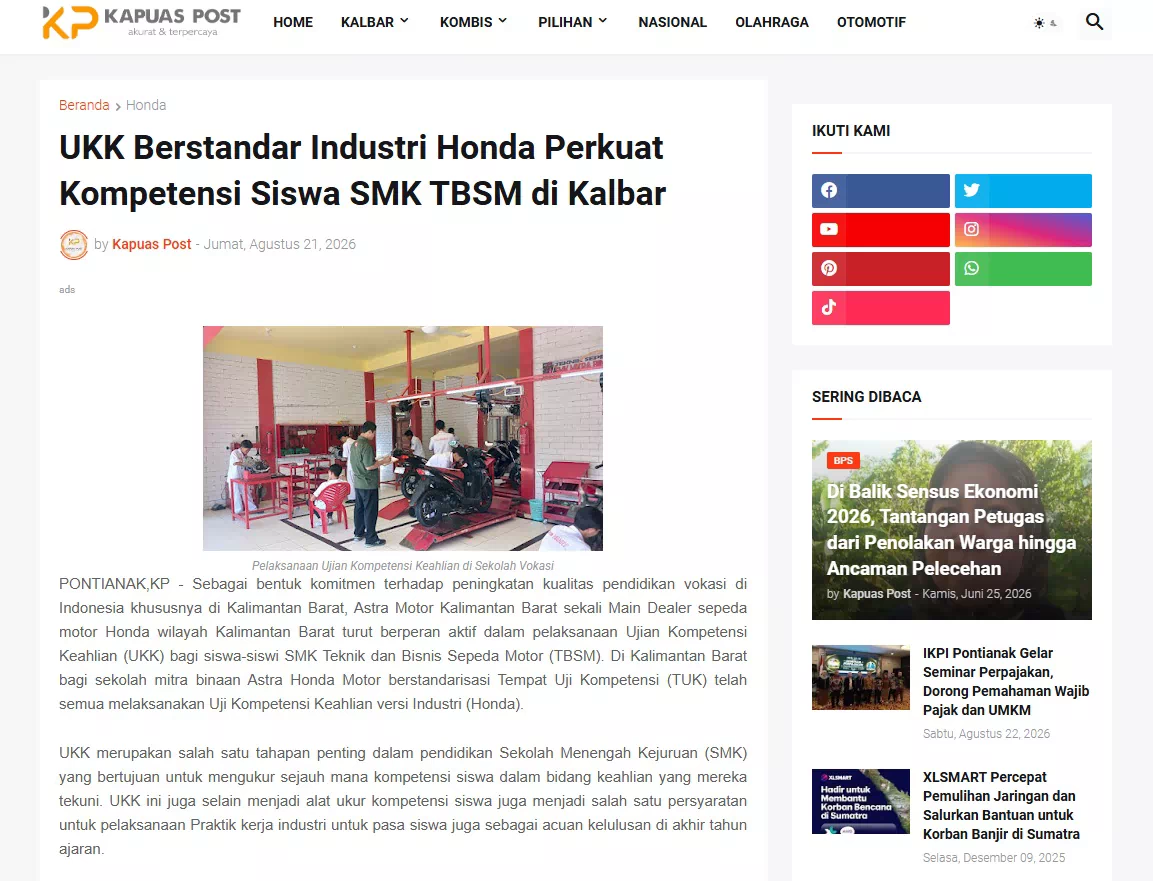 UKK Berstandar Industri Honda Perkuat Kompetensi Siswa SMK TBSM di Kalbar