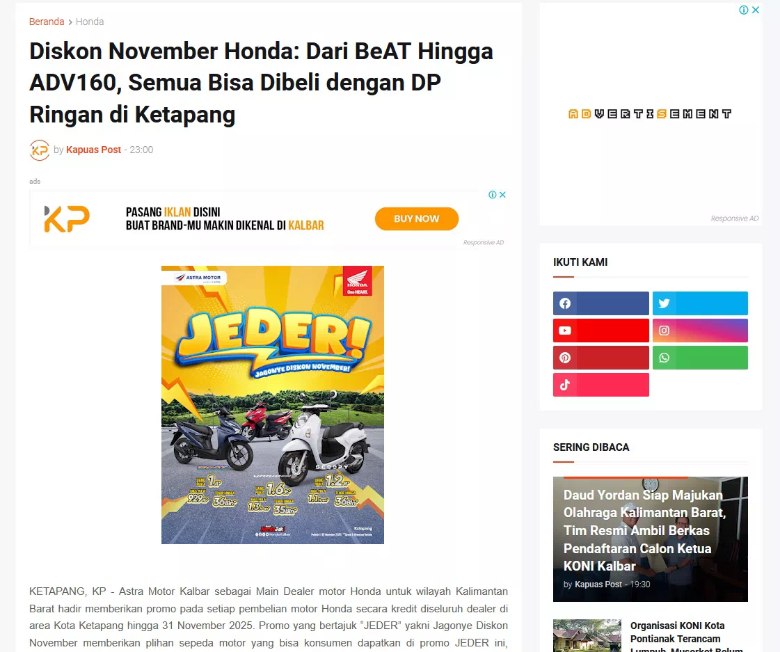 Diskon November Honda: Dari BeAT Hingga ADV160, Semua Bisa Dibeli dengan DP Ringan di Ketapang