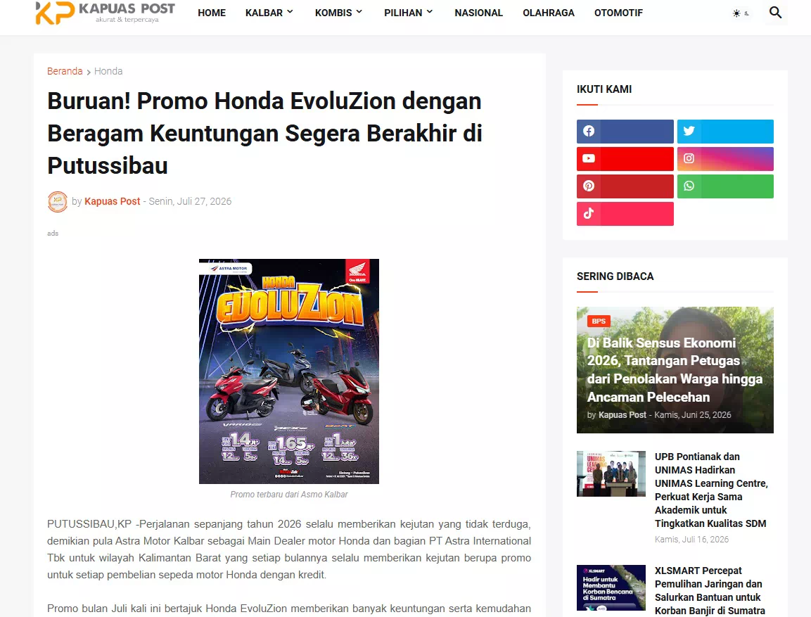 Buruan! Promo Honda EvoluZion dengan Beragam Keuntungan Segera Berakhir di Putussibau