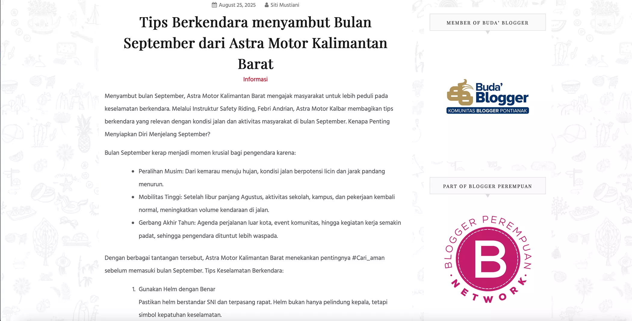 Tips Berkendara menyambut Bulan September dari Astra Motor Kalimantan Barat