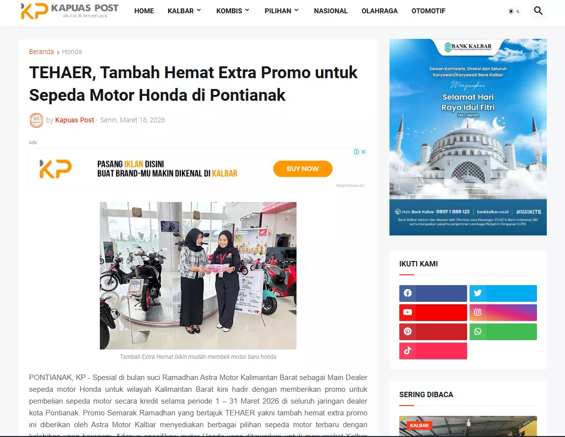 TEHAER, Tambah Hemat Extra Promo untuk Sepeda Motor Honda di Pontianak