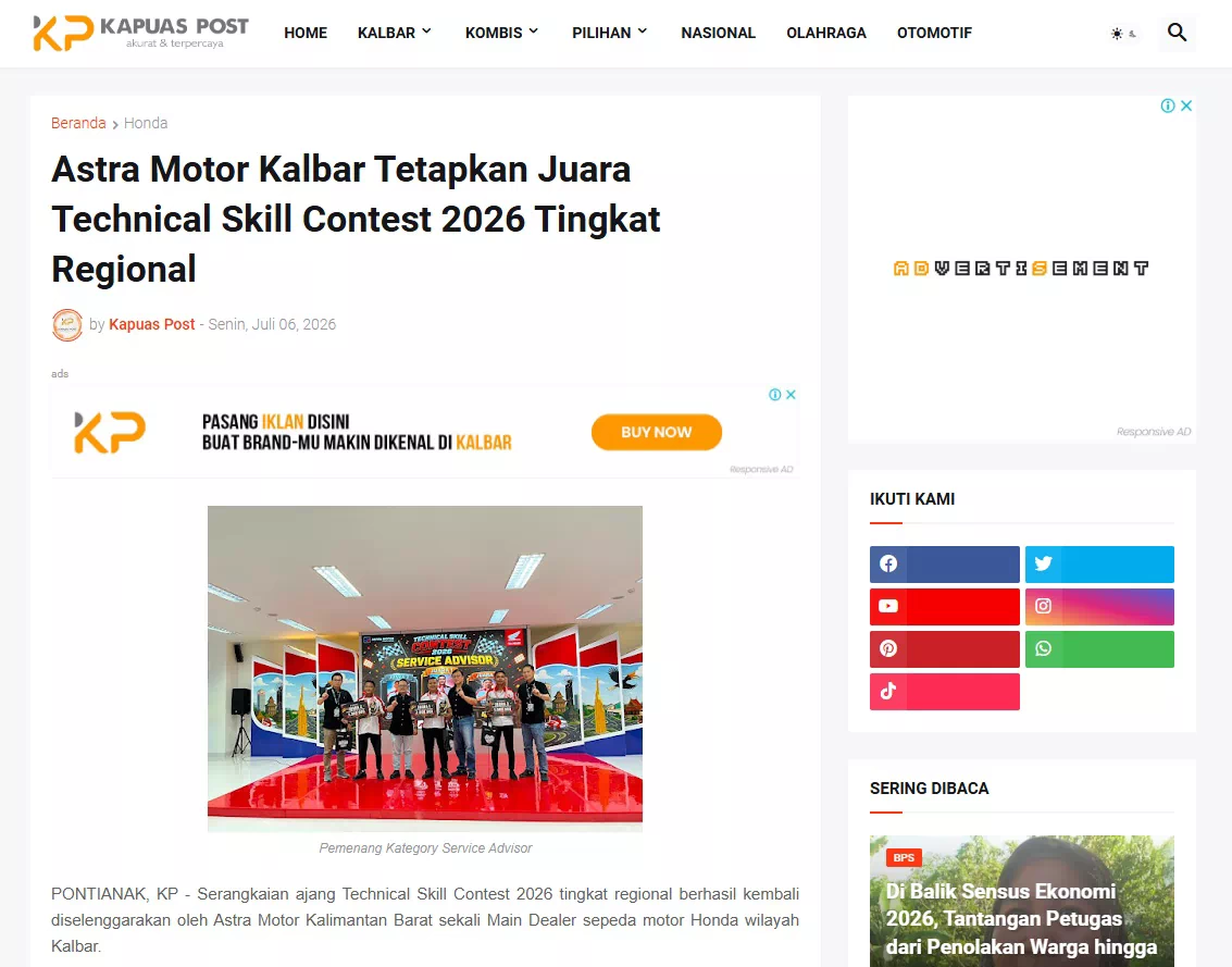 Astra Motor Kalbar Tetapkan Juara Technical Skill Contest 2026 Tingkat Regional