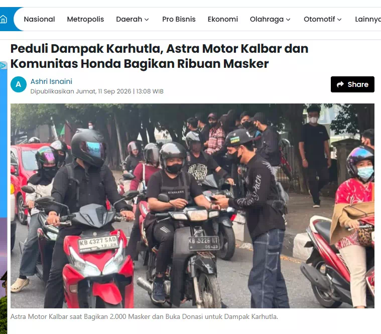 Peduli Dampak Karhutla, Astra Motor Kalbar dan Komunitas Honda Bagikan Ribuan Masker
