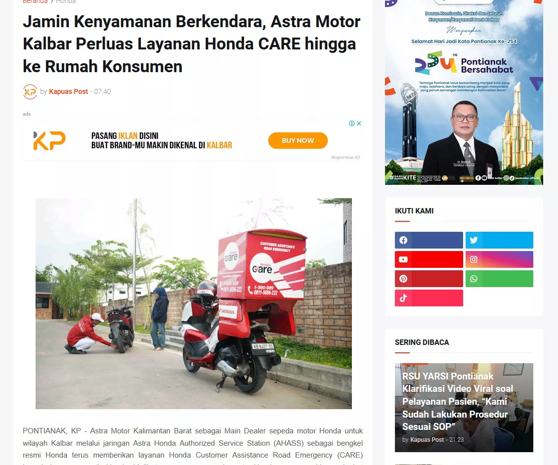 Jamin Kenyamanan Berkendara, Astra Motor Kalbar Perluas Layanan Honda CARE hingga ke Rumah Konsumen
