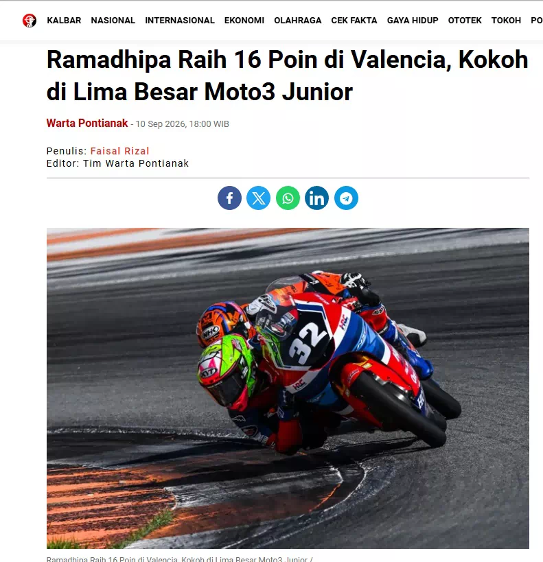Ramadhipa Raih 16 Poin di Valencia, Kokoh di Lima Besar Moto3 Junior