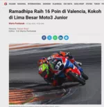 Ramadhipa Raih 16 Poin di Valencia, Kokoh di Lima Besar Moto3 Junior