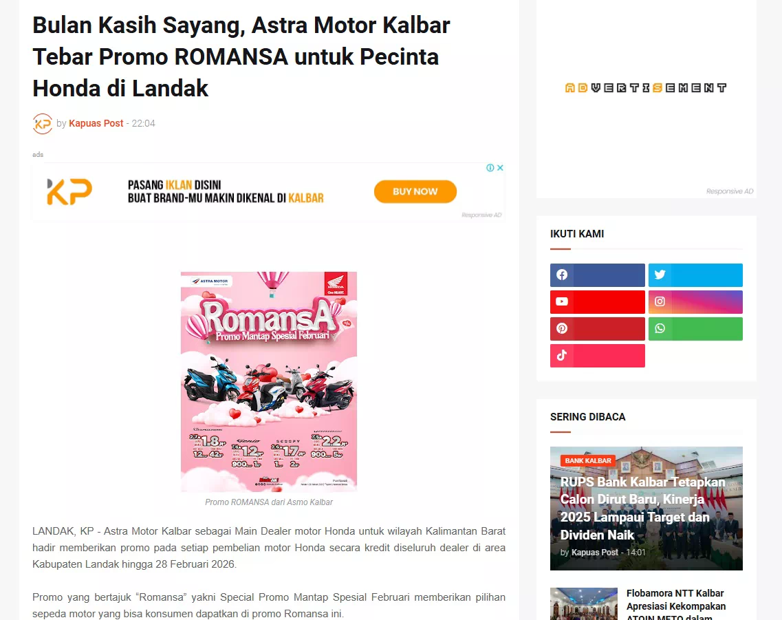 Bulan Kasih Sayang, Astra Motor Kalbar Tebar Promo ROMANSA untuk Pecinta Honda di Landak