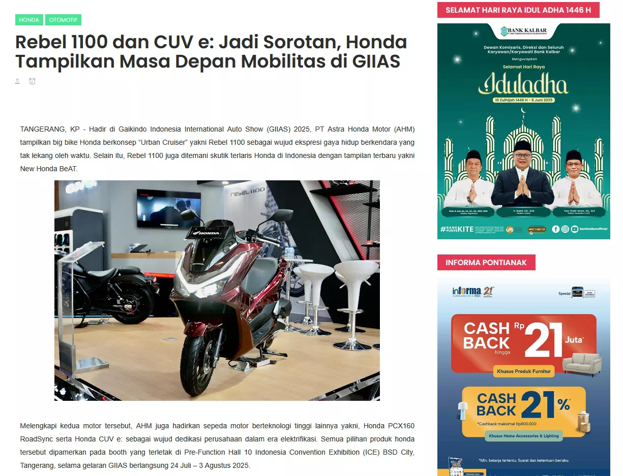 Rebel 1100 dan CUV e: Jadi Sorotan, Honda Tampilkan Masa Depan Mobilitas di GIIAS