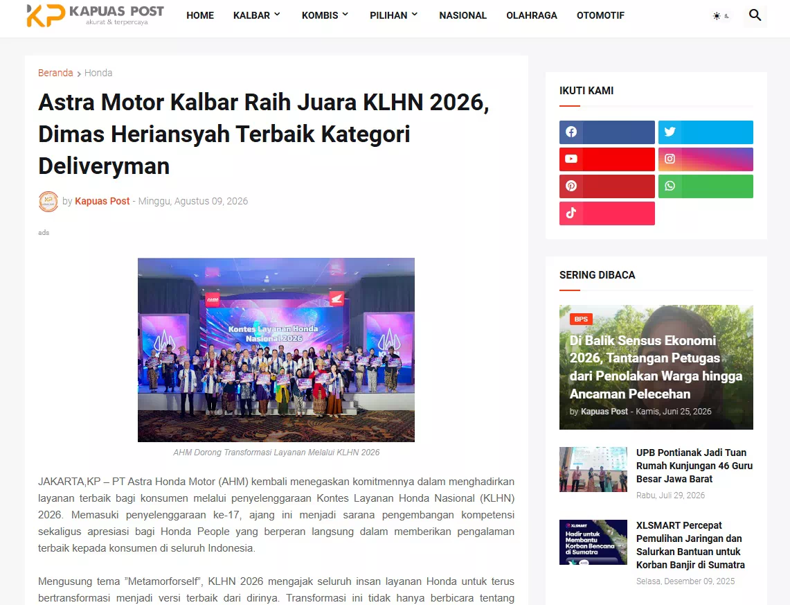 Astra Motor Kalbar Raih Juara KLHN 2026, Dimas Heriansyah Terbaik Kategori Deliveryman