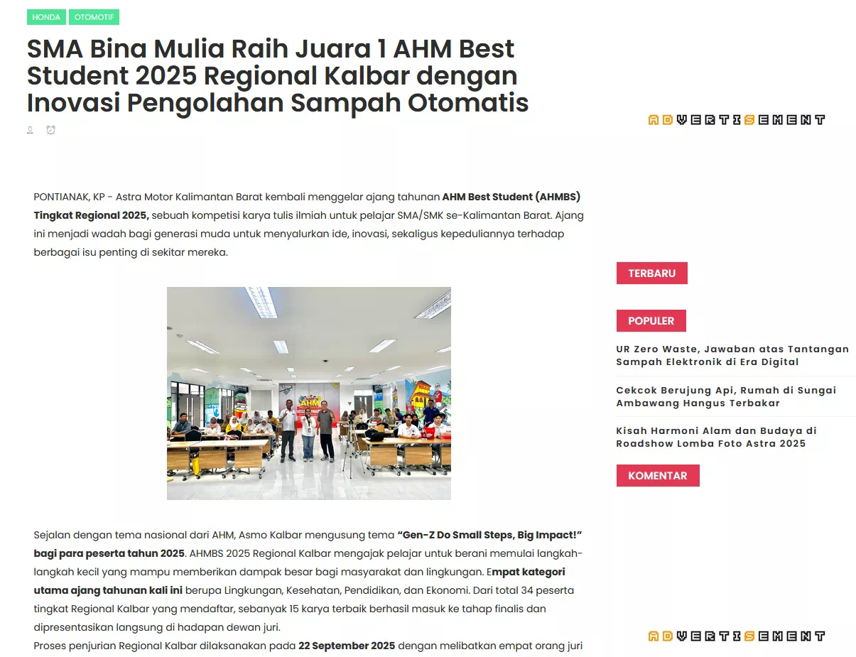 SMA Bina Mulia Raih Juara 1 AHM Best Student 2025 Regional Kalbar dengan Inovasi Pengolahan Sampah Otomatis