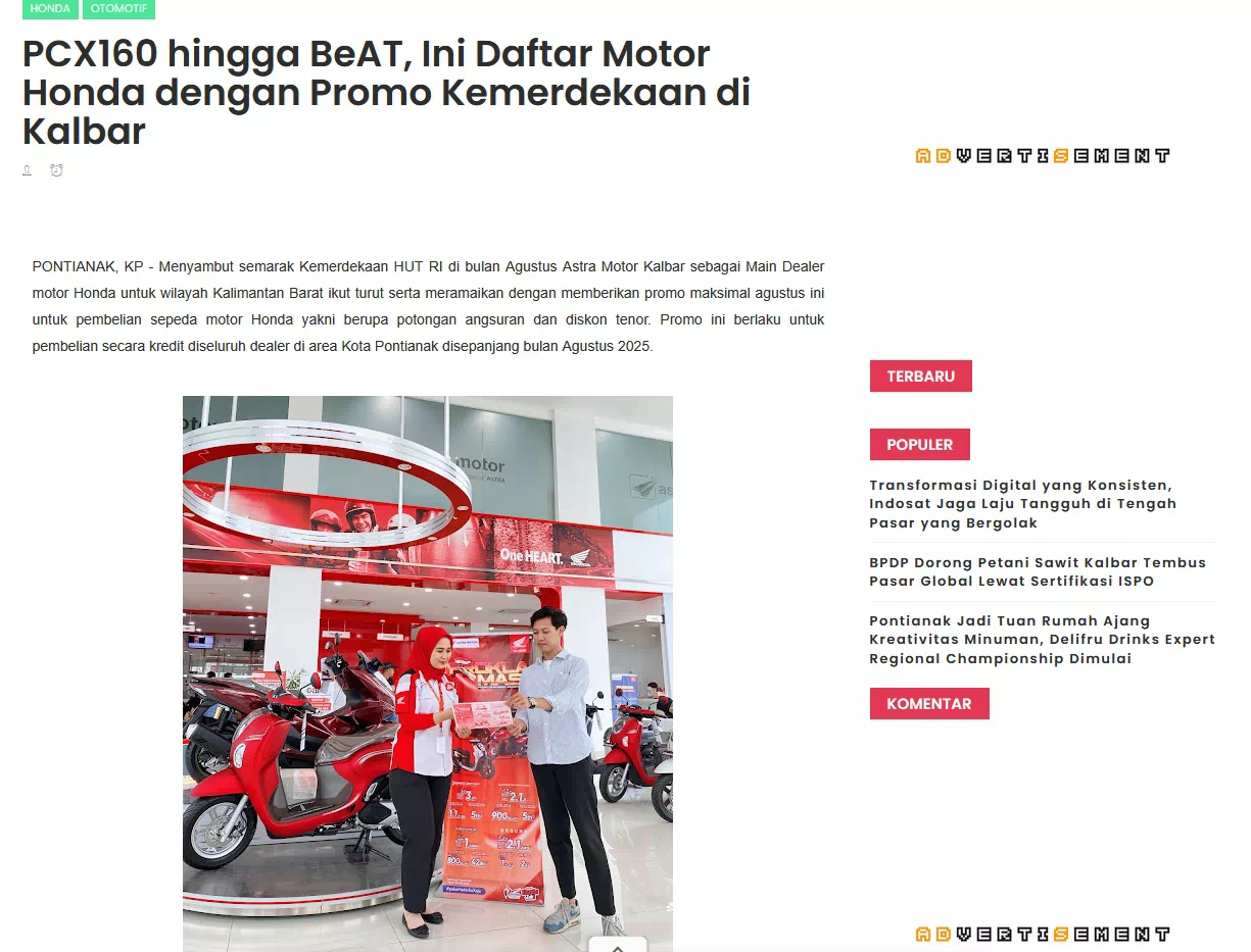 PCX160 hingga BeAT, Ini Daftar Motor Honda dengan Promo Kemerdekaan di Kalbar