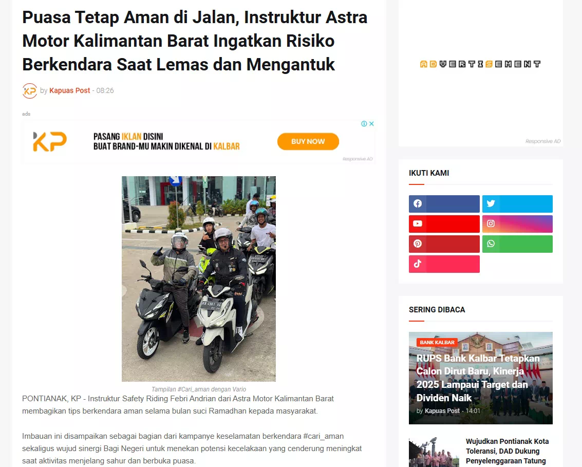 Puasa Tetap Aman di Jalan, Instruktur Astra Motor Kalimantan Barat Ingatkan Risiko Berkendara Saat Lemas dan Mengantuk