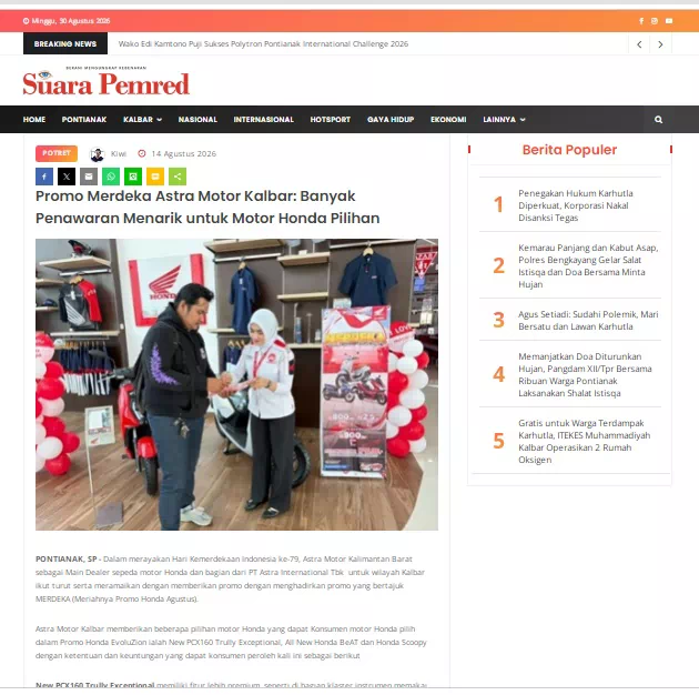 Promo Merdeka Astra Motor Kalbar: Banyak Penawaran Menarik untuk Motor Honda Pilihan