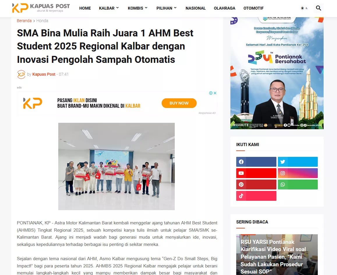 SMA Bina Mulia Raih Juara 1 AHM Best Student 2025 Regional Kalbar dengan Inovasi Pengolah Sampah Otomatis