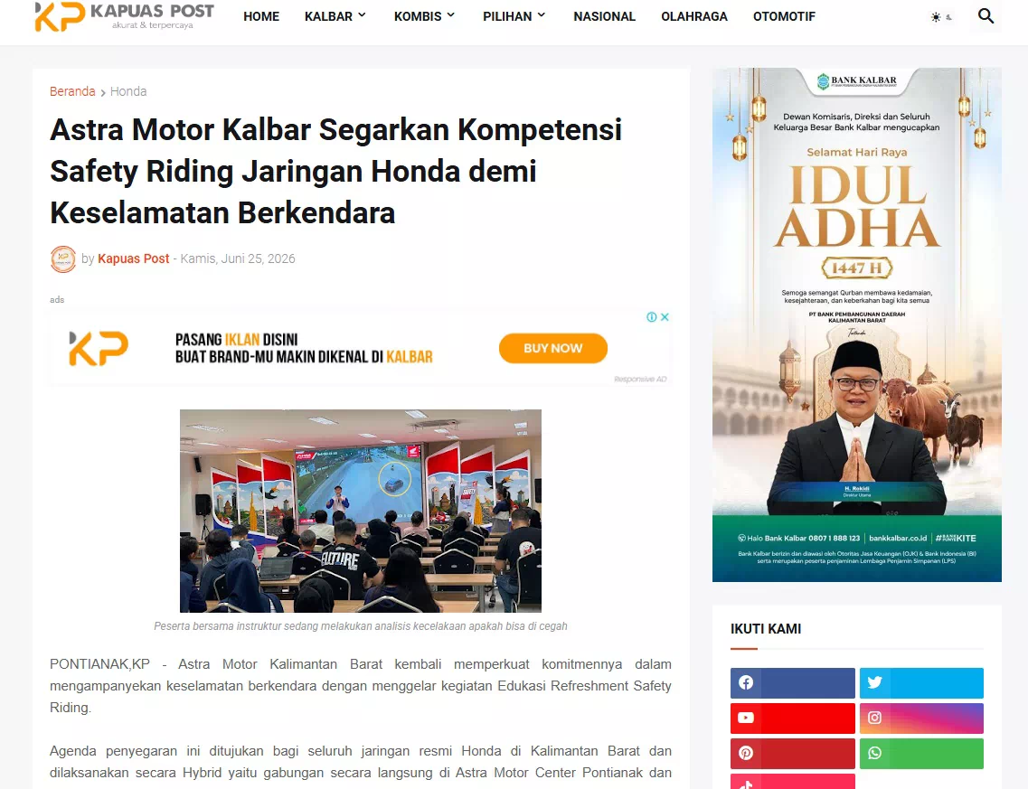 Astra Motor Kalbar Segarkan Kompetensi Safety Riding Jaringan Honda demi Keselamatan Berkendara