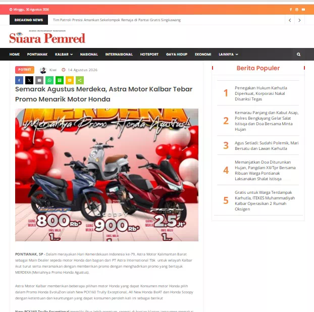 Semarak Agustus Merdeka, Astra Motor Kalbar Tebar Promo Menarik Motor Honda