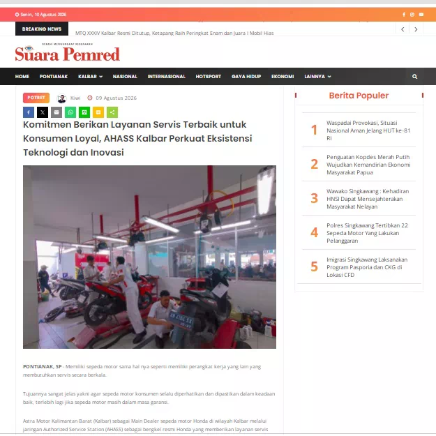 Komitmen Berikan Layanan Servis Terbaik untuk Konsumen Loyal, AHASS Kalbar Perkuat Eksistensi Teknologi dan Inovasi