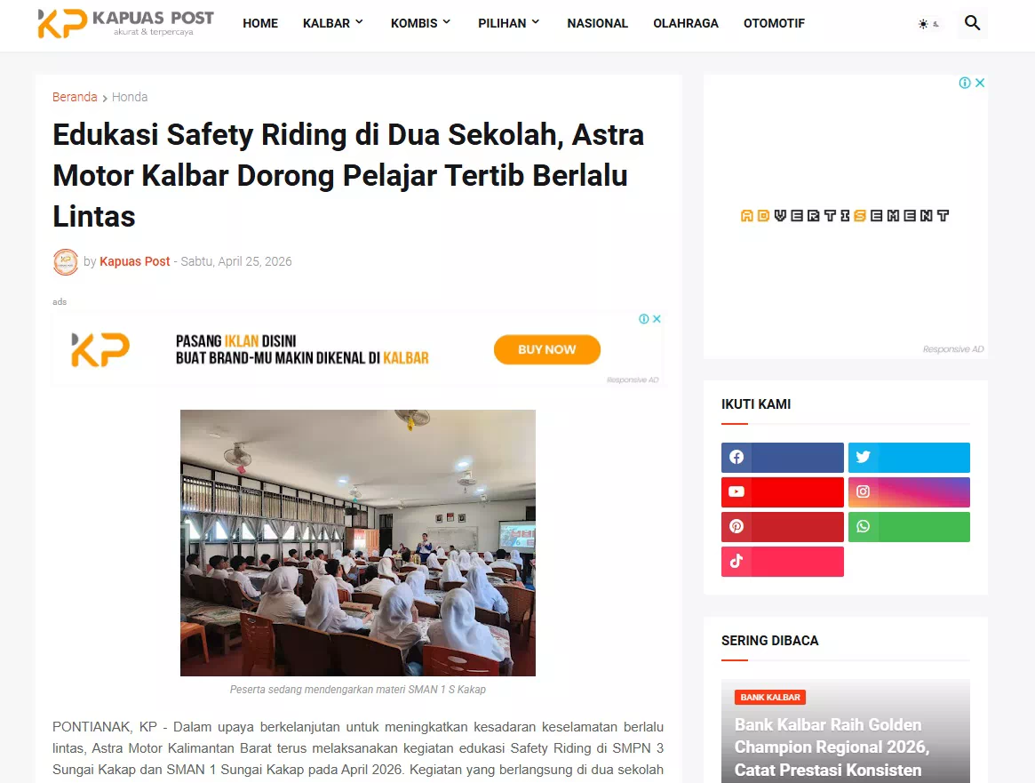Edukasi Safety Riding di Dua Sekolah, Astra Motor Kalbar Dorong Pelajar Tertib Berlalu Lintas