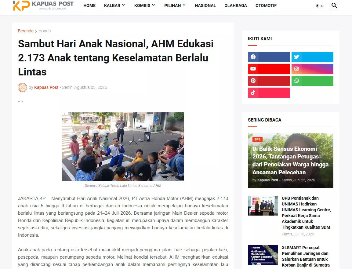 Sambut Hari Anak Nasional, AHM Edukasi 2.173 Anak tentang Keselamatan Berlalu Lintas