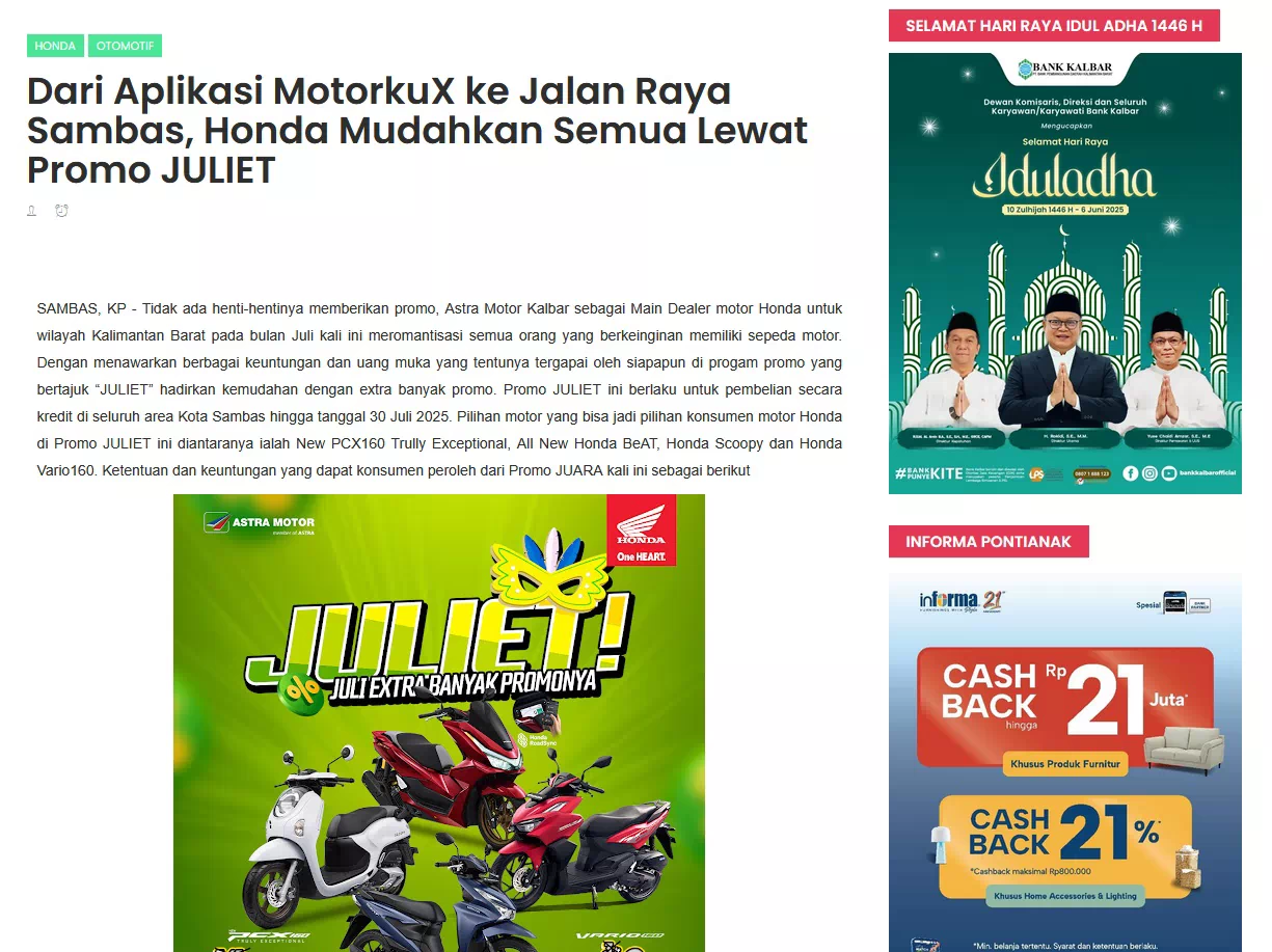 Dari Aplikasi MotorkuX ke Jalan Raya Sambas, Honda Mudahkan Semua Lewat Promo JULIET