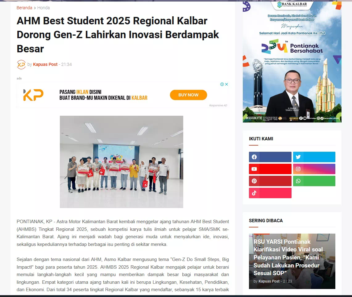 AHM Best Student 2025 Regional Kalbar Dorong Gen-Z Lahirkan Inovasi Berdampak Besar