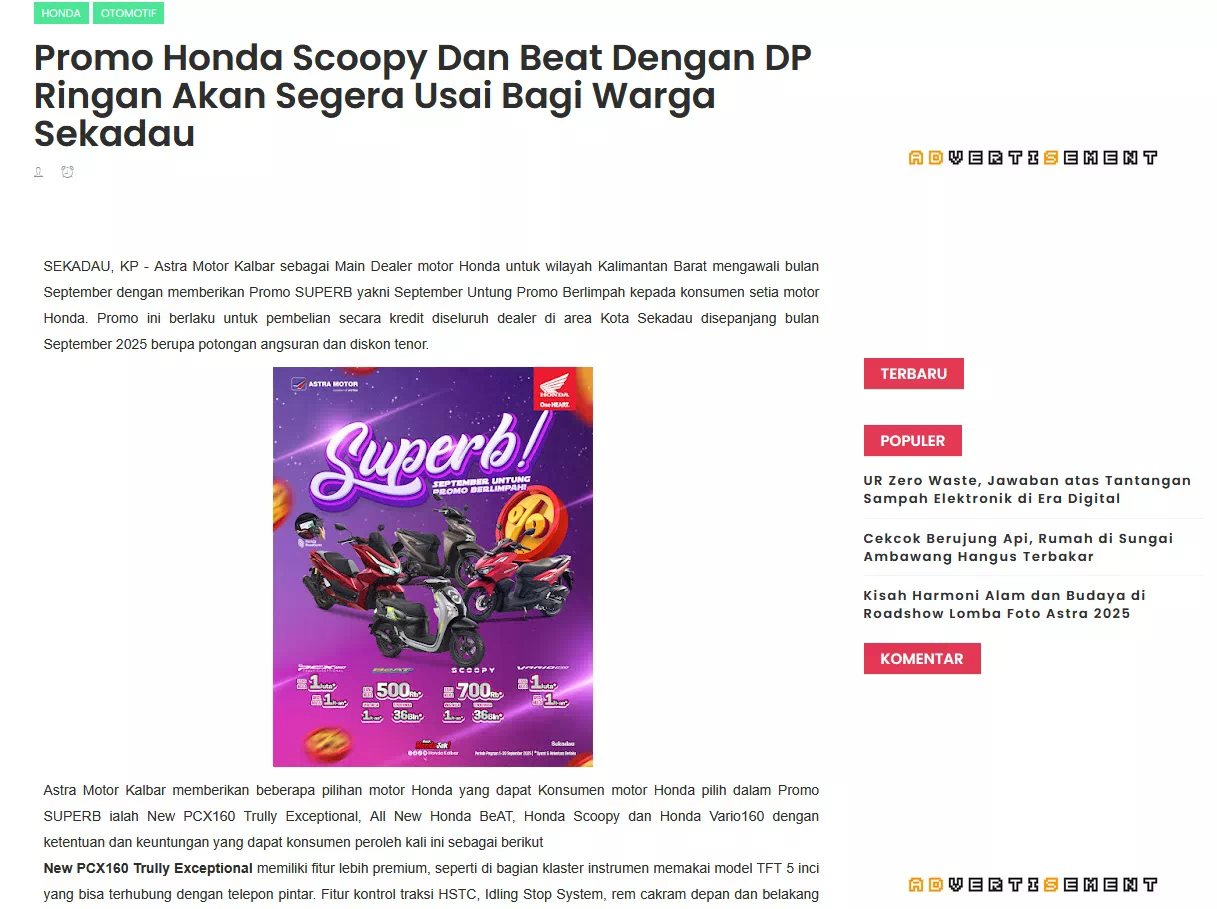 Promo Honda Scoopy Dan Beat Dengan DP Ringan Akan Segera Usai Bagi Warga Sekadau