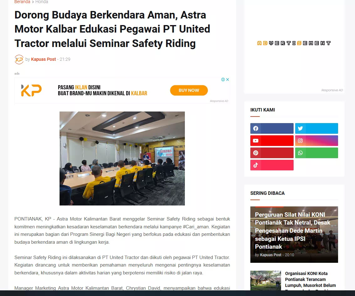 Dorong Budaya Berkendara Aman, Astra Motor Kalbar Edukasi Pegawai PT United Tractor melalui Seminar Safety Riding