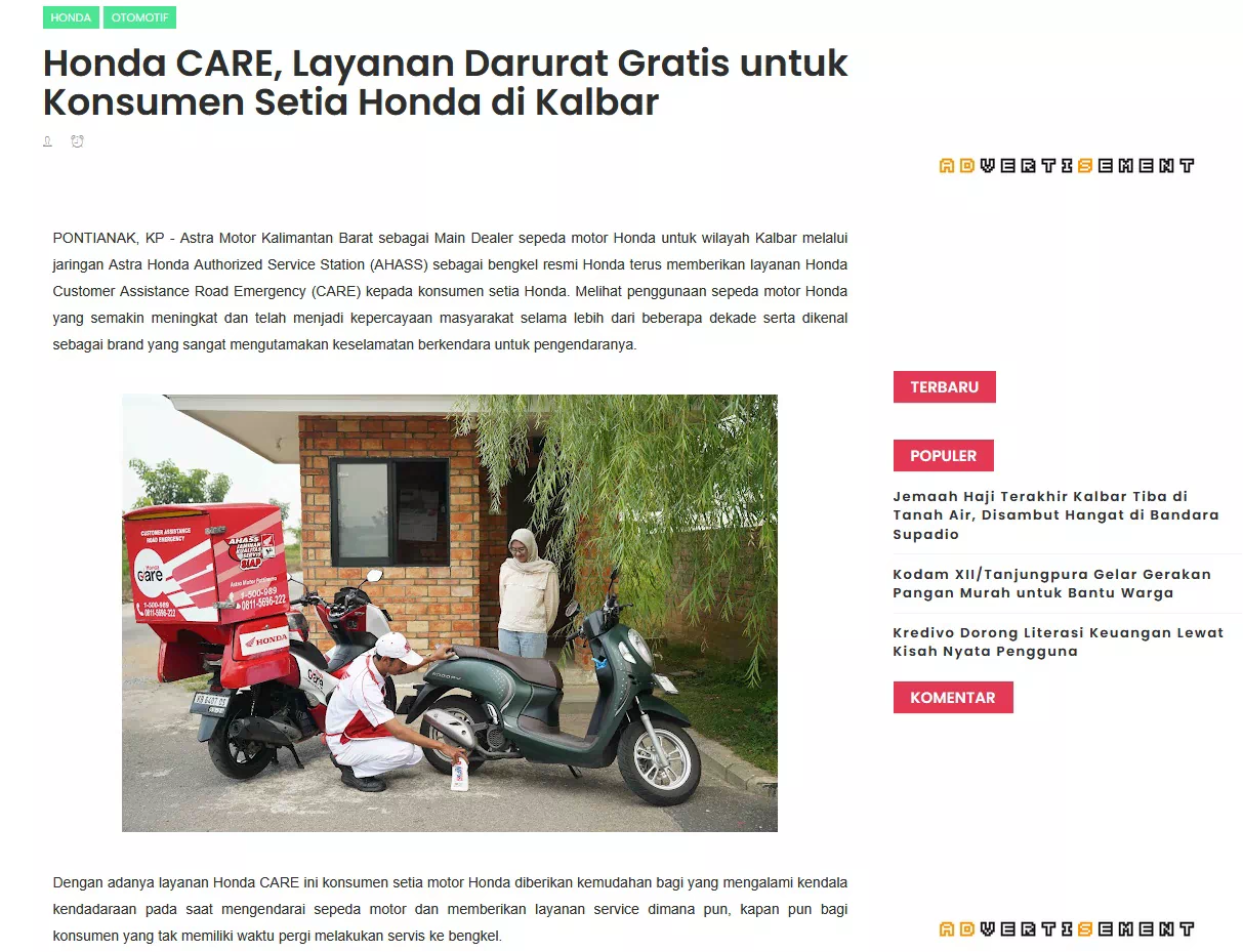 Honda CARE, Layanan Darurat Gratis untuk Konsumen Setia Honda di Kalbar