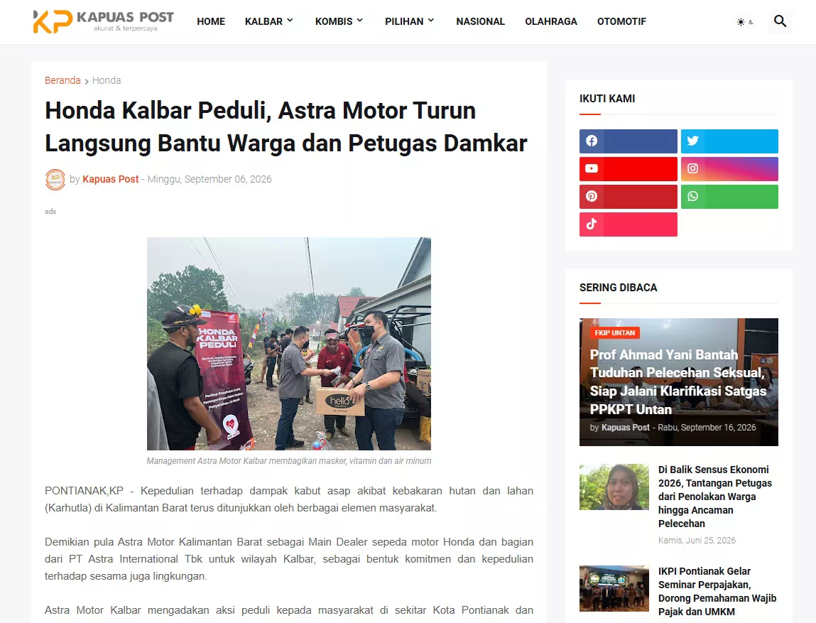 Honda Kalbar Peduli, Astra Motor Turun Langsung Bantu Warga dan Petugas Damkar