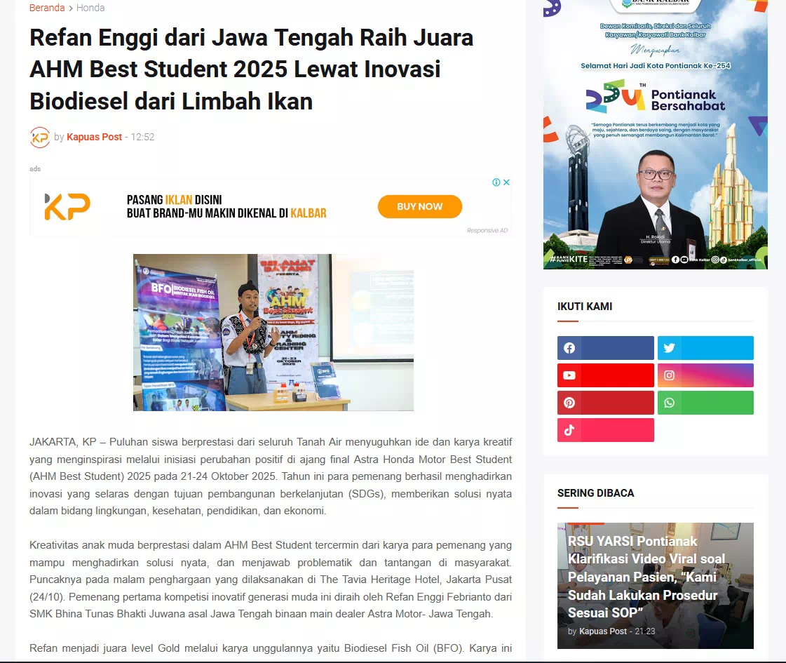 Refan Enggi dari Jawa Tengah Raih Juara AHM Best Student 2025 Lewat Inovasi Biodiesel dari Limbah Ikan