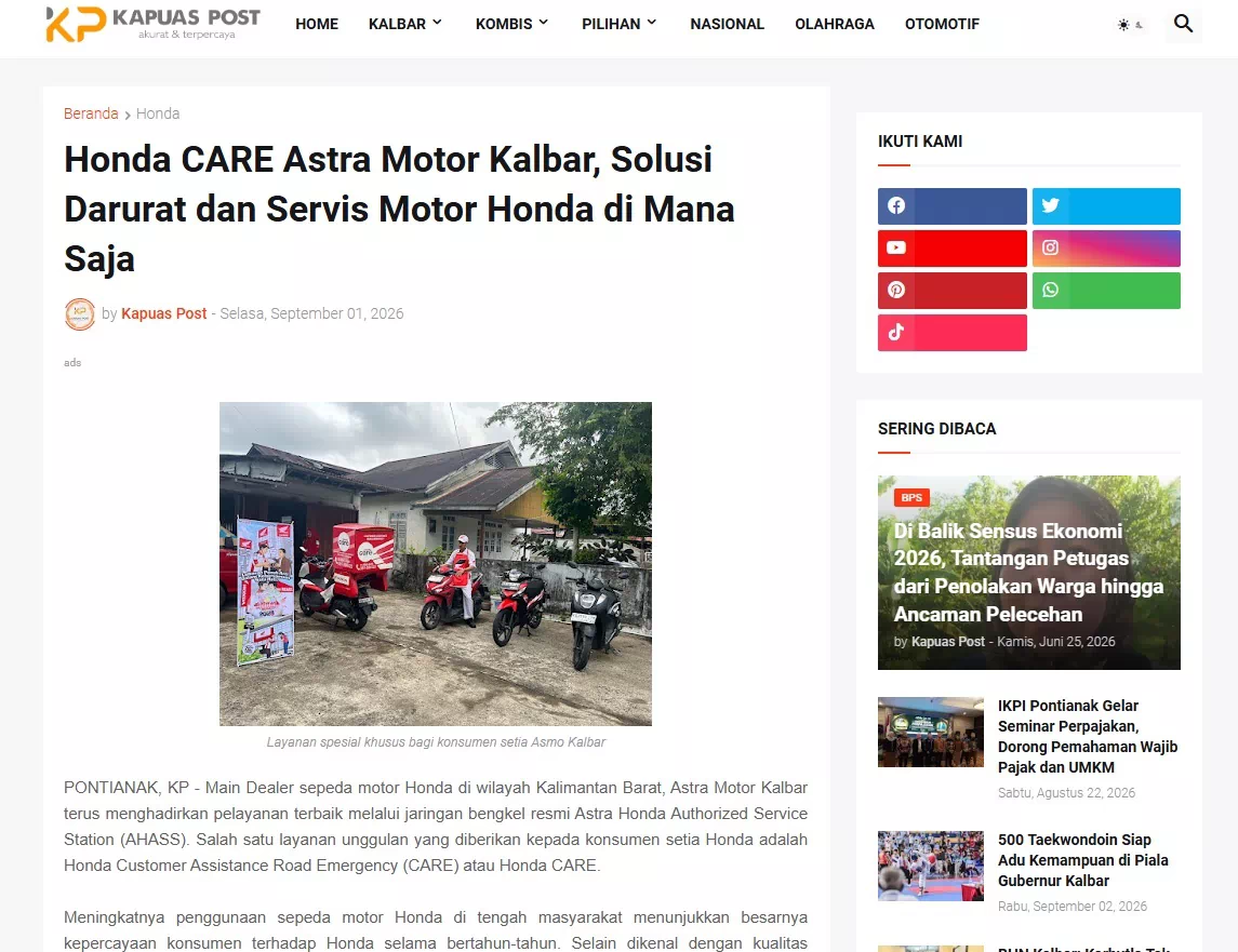 Honda CARE Astra Motor Kalbar, Solusi Darurat dan Servis Motor Honda di Mana Saja