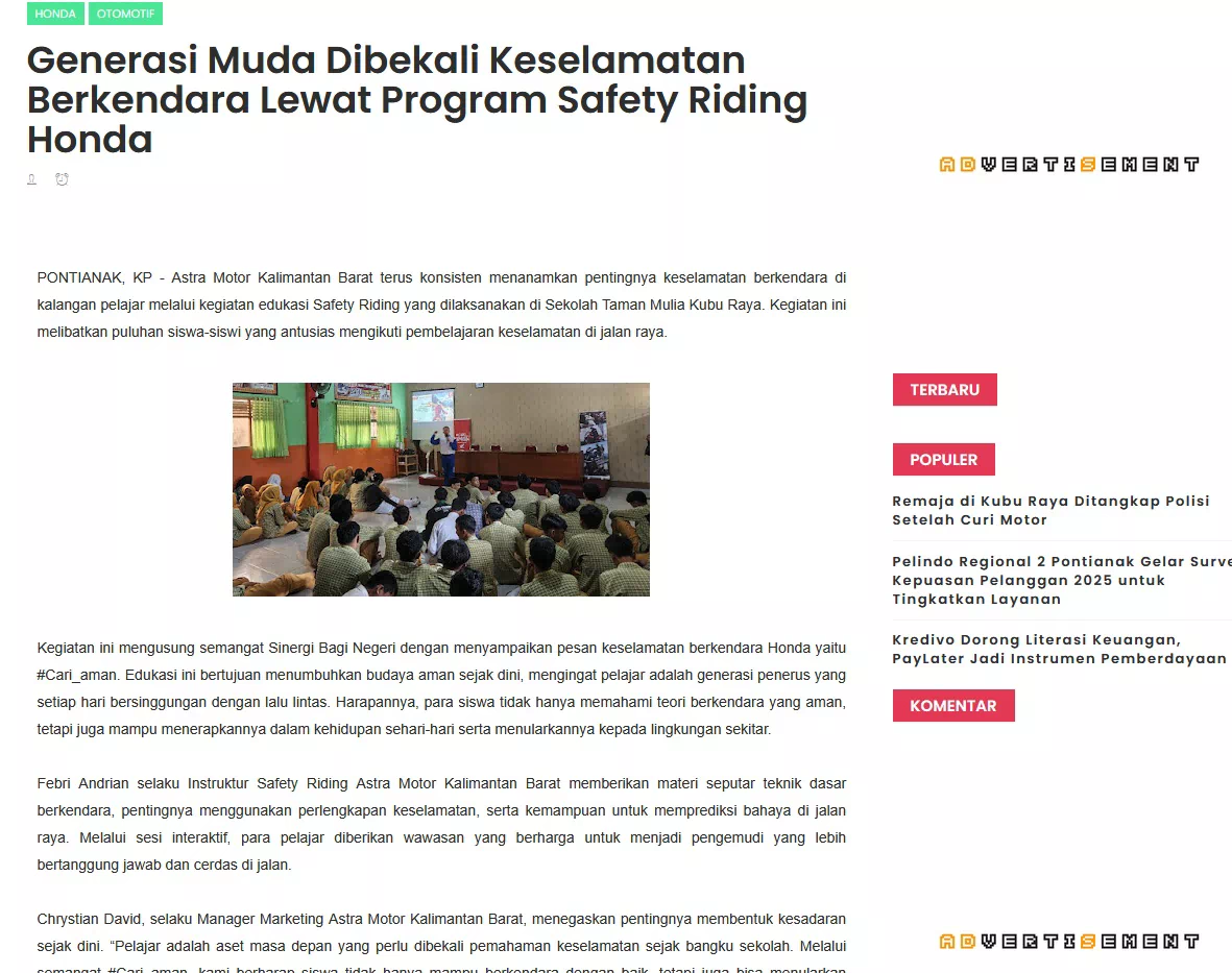 Generasi Muda Dibekali Keselamatan Berkendara Lewat Program Safety Riding Honda