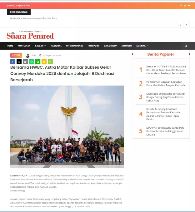 Bersama HWBC, Astra Motor Kalbar Sukses Gelar Convoy Merdeka 2026 denhan Jelajahi 8 Destinasi Bersejarah