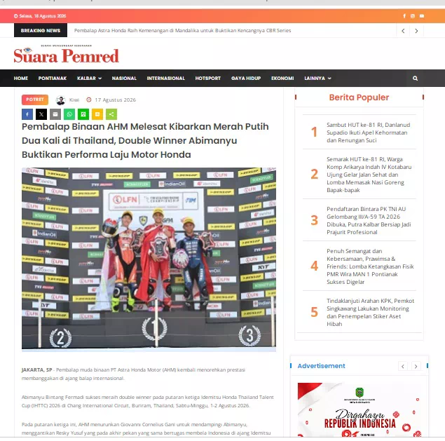 Pembalap Binaan AHM Melesat Kibarkan Merah Putih Dua Kali di Thailand, Double Winner Abimanyu Buktikan Performa Laju Motor Honda