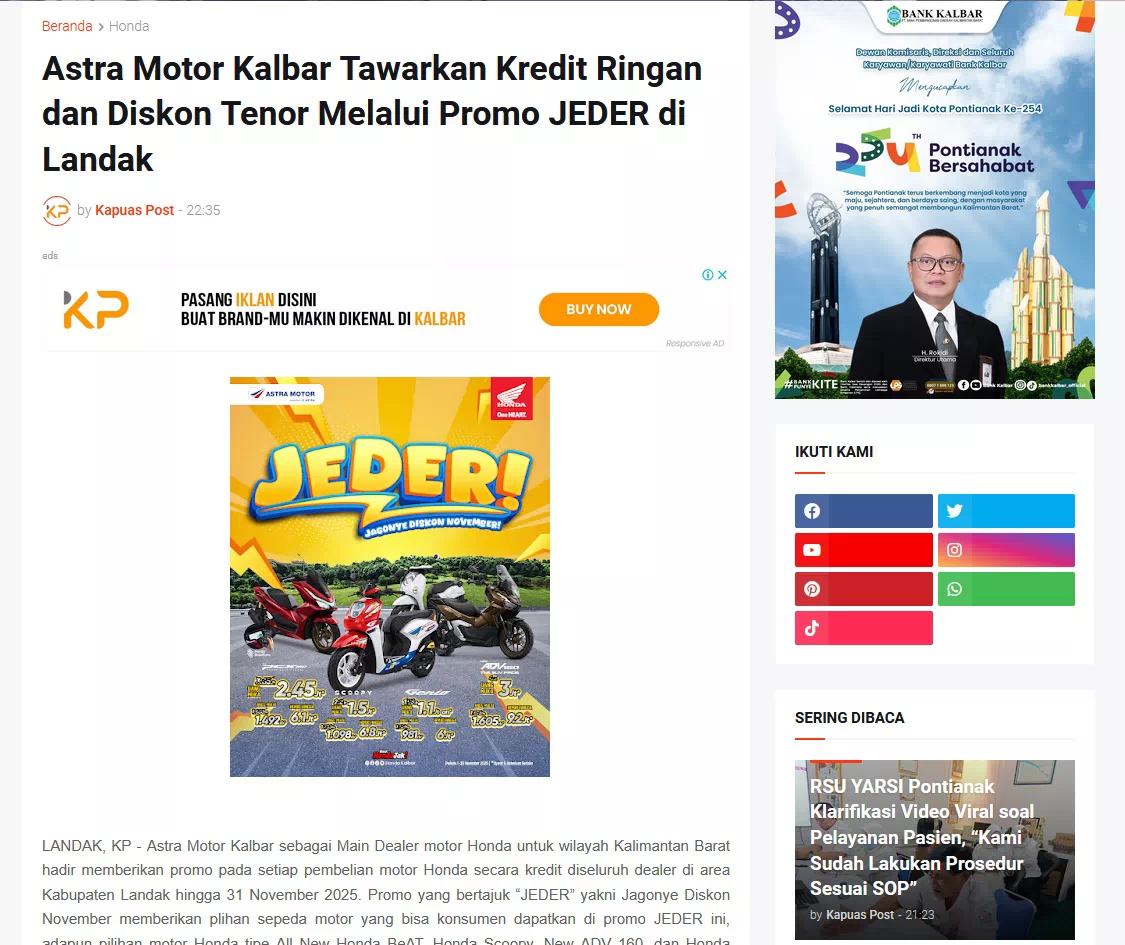 Astra Motor Kalbar Tawarkan Kredit Ringan dan Diskon Tenor Melalui Promo JEDER di Landak