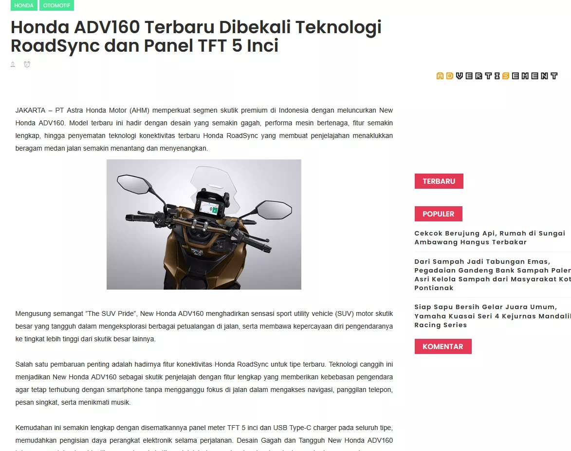 Honda ADV160 Terbaru Dibekali Teknologi RoadSync dan Panel TFT 5 Inci