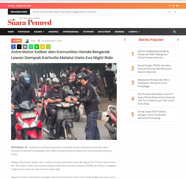 Astra Motor Kalbar dan Komunitas Honda Bergerak Lawan Dampak Karhutla Melalui Vario Evo Night Ride