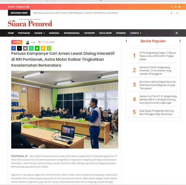 Perluas Kampanye Cari Aman Lewat Dialog Interaktif di RRI Pontianak, Astra Motor Kalbar Tingkatkan Keselamatan Berkendara
