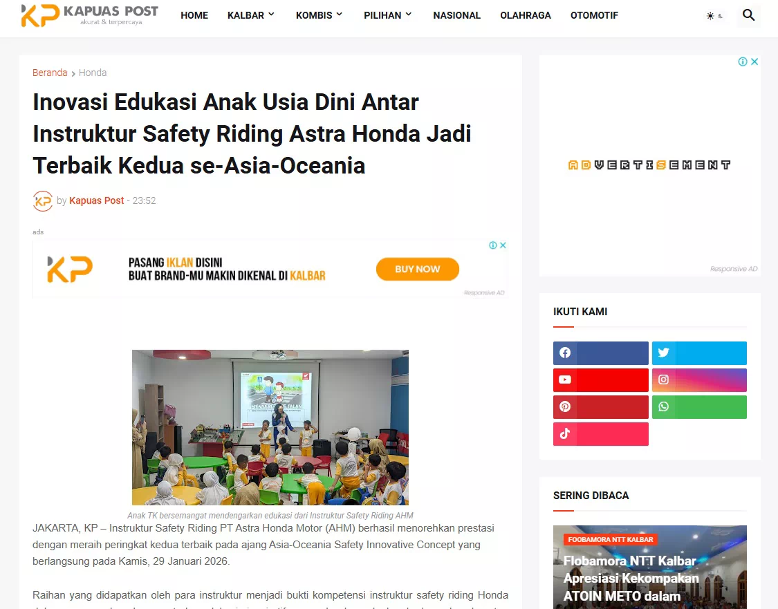 Inovasi Edukasi Anak Usia Dini Antar Instruktur Safety Riding Astra Honda Jadi Terbaik Kedua se-Asia-Oceania