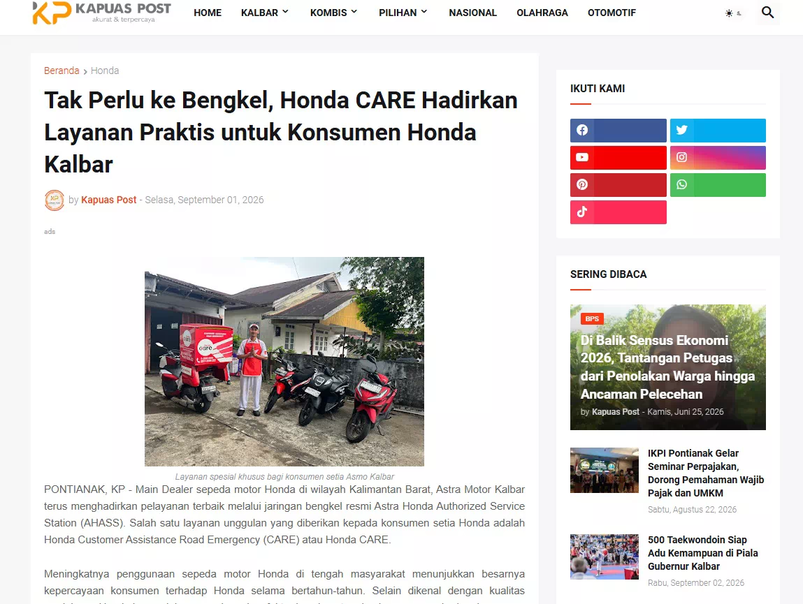 Tak Perlu ke Bengkel, Honda CARE Hadirkan Layanan Praktis untuk Konsumen Honda Kalbar