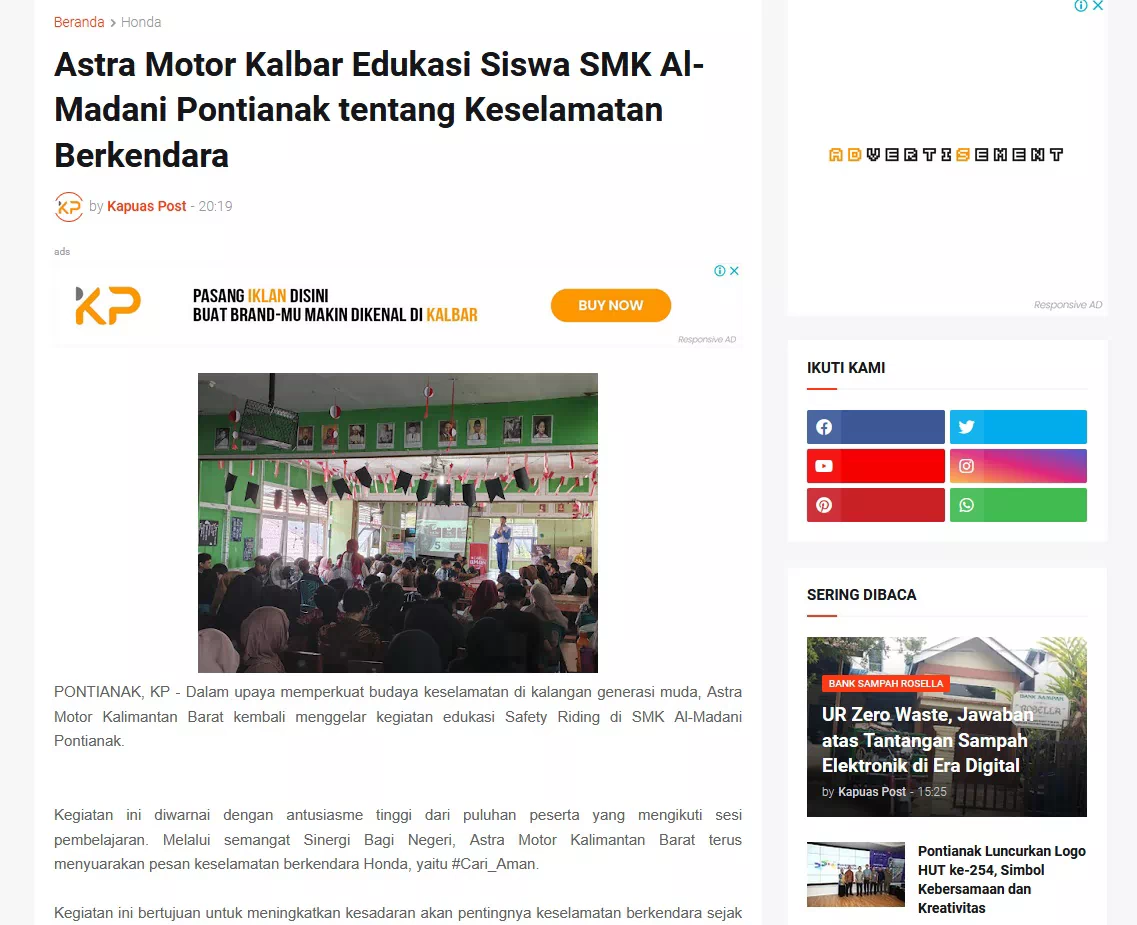 Astra Motor Kalbar Edukasi Siswa SMK Al-Madani Pontianak tentang Keselamatan Berkendara