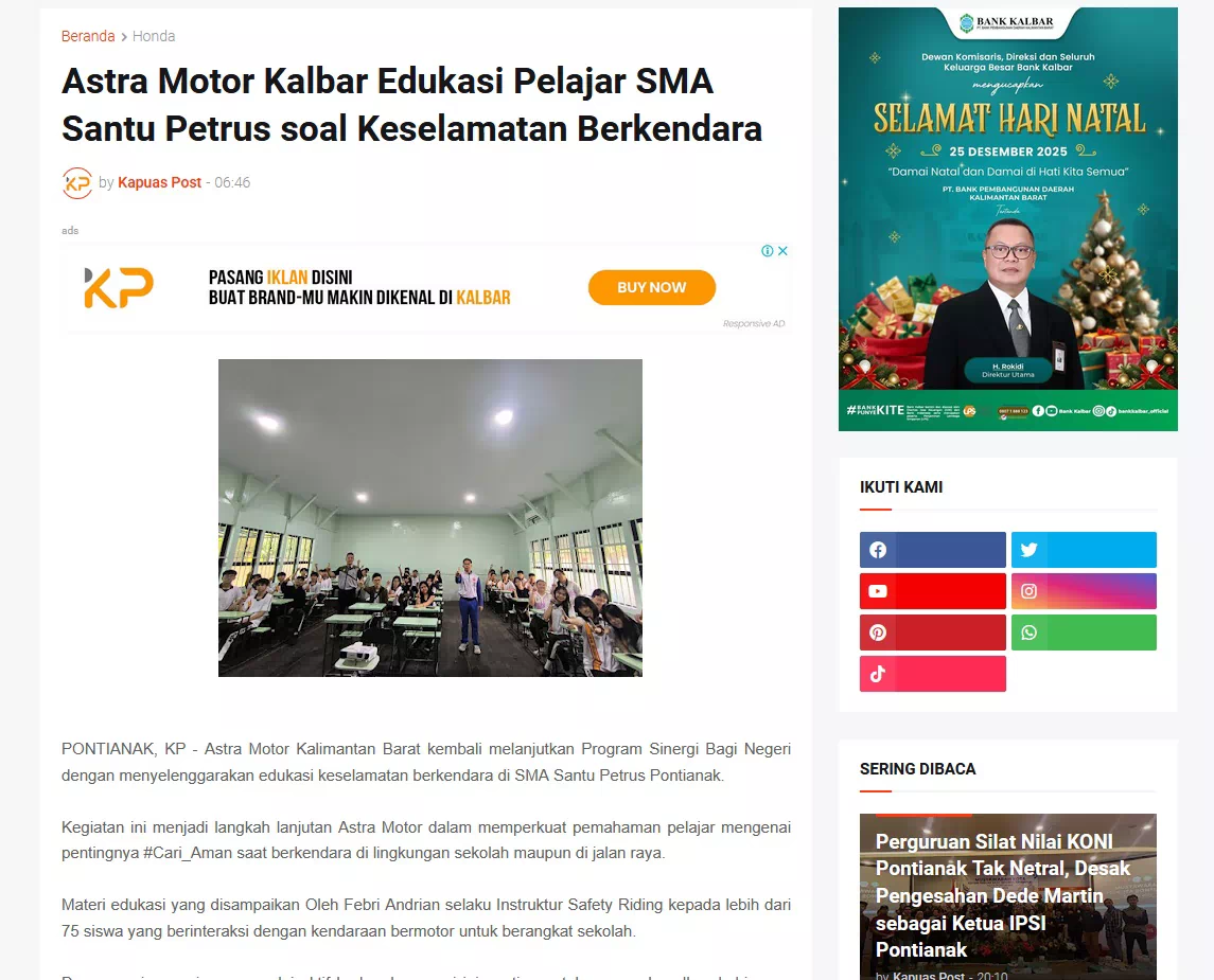 Astra Motor Kalbar Edukasi Pelajar SMA Santu Petrus soal Keselamatan Berkendara