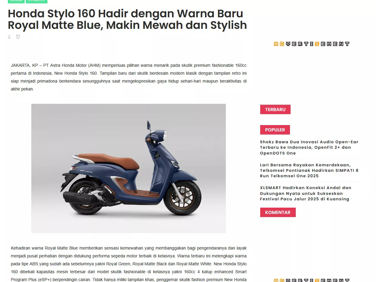 Honda Stylo 160 Hadir dengan Warna Baru Royal Matte Blue, Makin Mewah dan Stylish