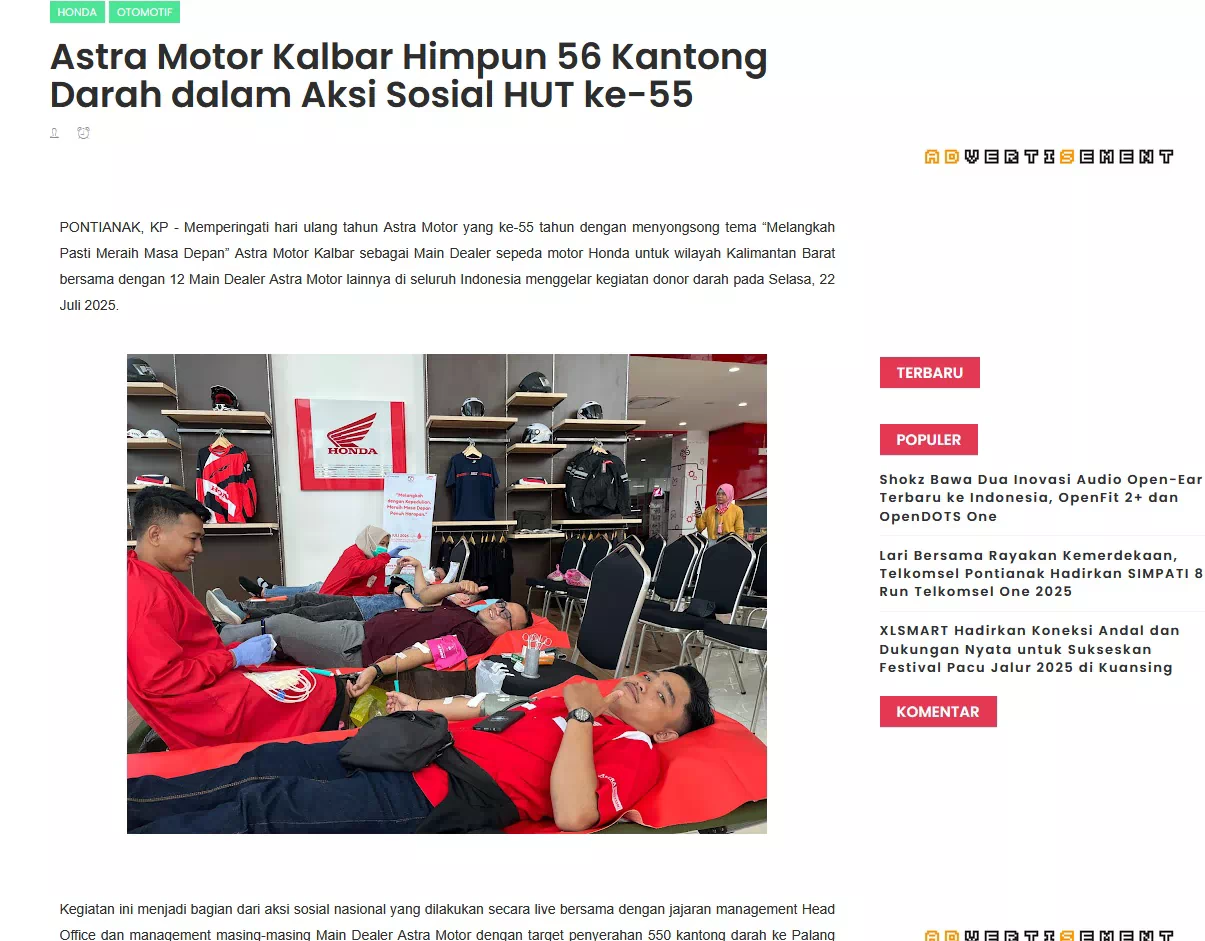 Astra Motor Kalbar Himpun 56 Kantong Darah dalam Aksi Sosial HUT ke-55