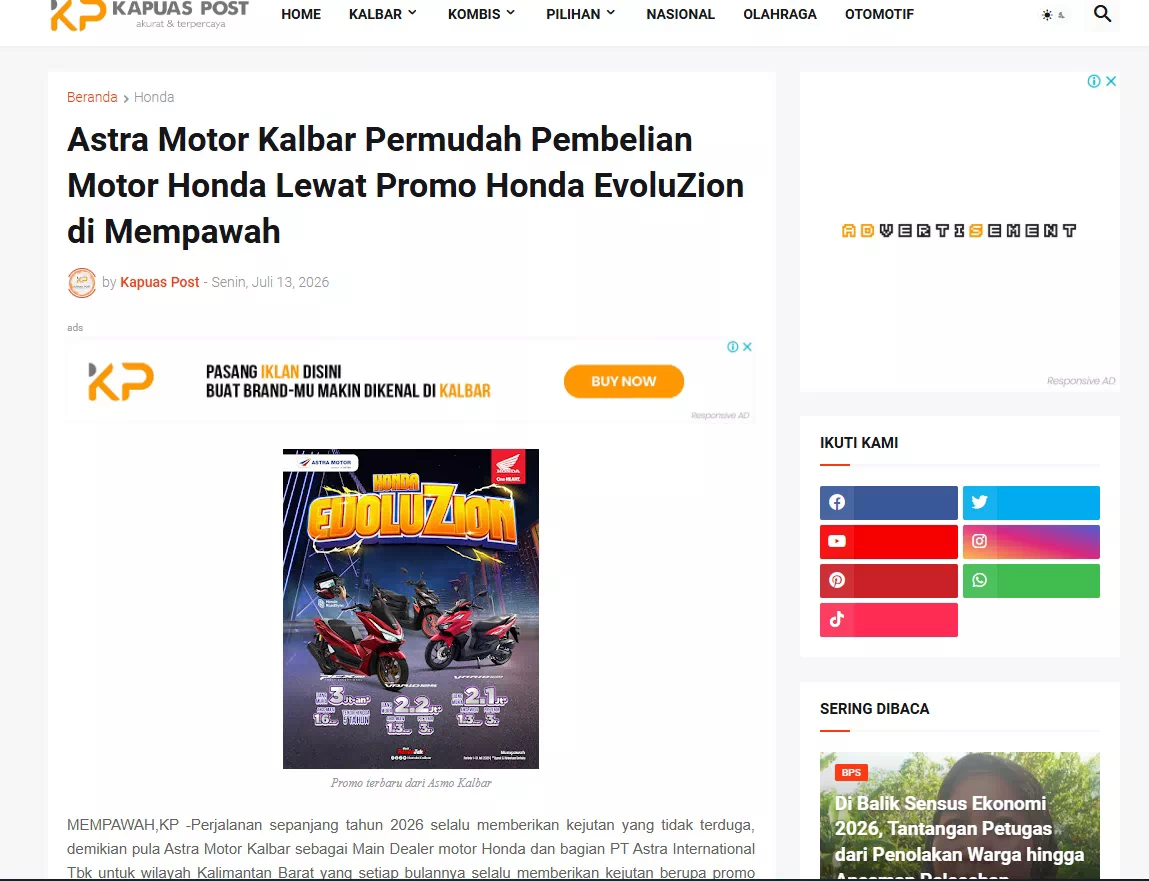 Astra Motor Kalbar Permudah Pembelian Motor Honda Lewat Promo Honda EvoluZion di Mempawah